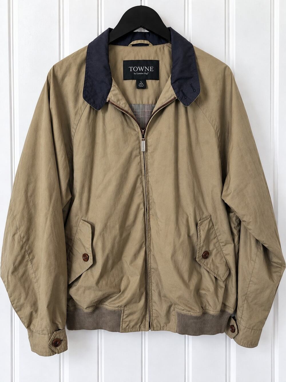 TOWNE by London Fog Mens L Harrington Bomber Jacket Khaki Plaid Lined Preppy